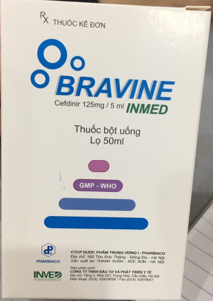 Bravine Cefdinir 125mg/5ml TW1 Phabaco (H/1lọ/50ml) Date 12/2024