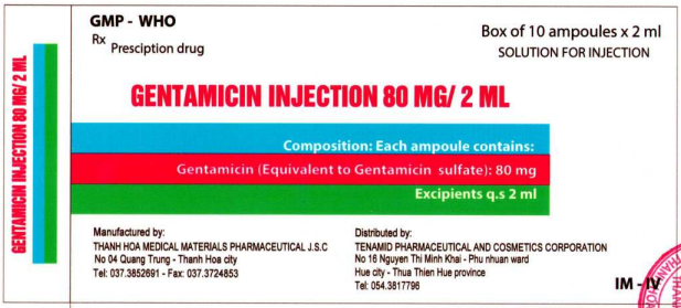 Gentamicin 80mg/2ml Tiêm Thanh Hóa (H/10o/2ml)