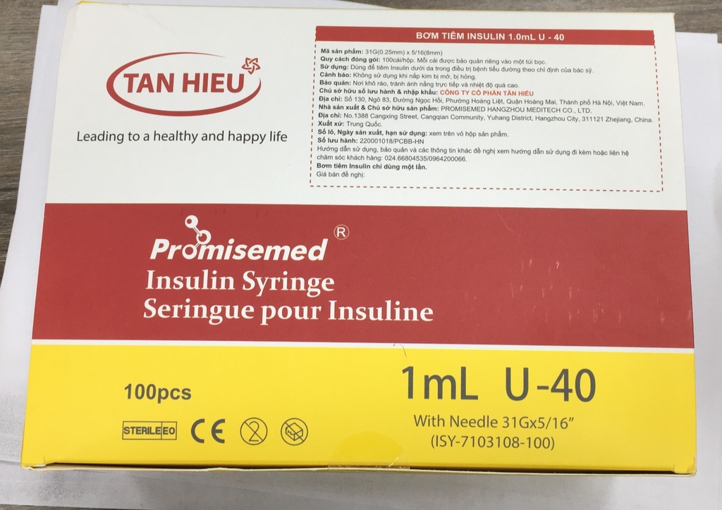 Promisemed Bơm tiêm Insulin 1.0ml U-40 Trung Quốc (H/100c) nắp đỏ (Hộp vàng đỏ)
