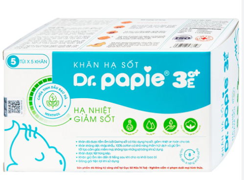 Dr.Papie 3+ khăn hạ sốt chứa tinh dầu bạc hà (H/5túi/5khăn) xanh dương