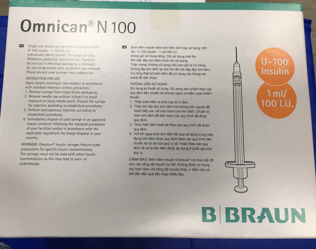 Bơm tiểu đường Omnican Nắp Cam 1ml/100IU B.Braun (H/100cái)