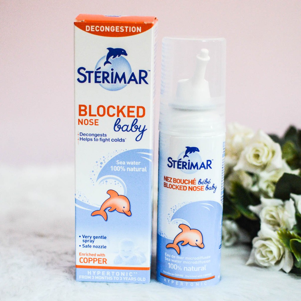Sterimar Blocked Nose Baby Xịt Muối Biển TE Cá Heo Cam Fumoze (Lọ/50ml) 