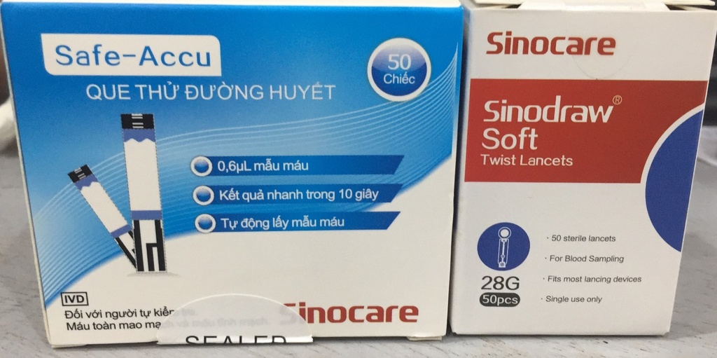 BỘ Que Thử Đường Huyết Safe Accu Sinocare + Kim Sinocare 28G(H/50que)