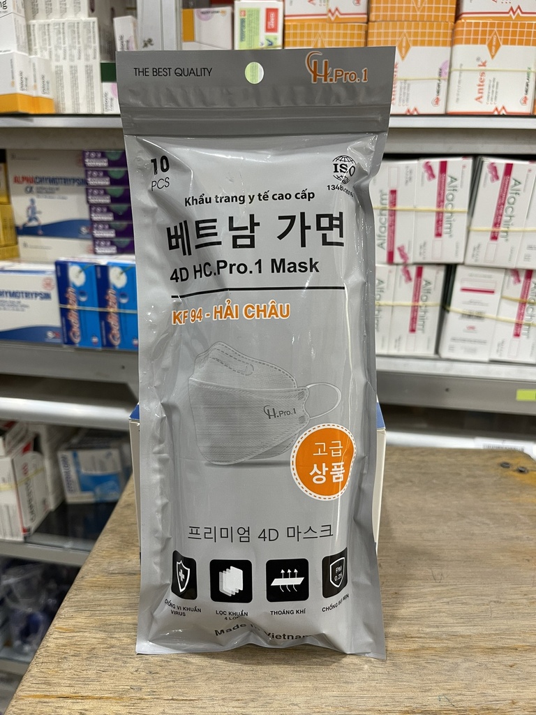[T06334] Khẩu trang KF94 4D HC.Pro.1 Mask - 4 lớp trắng Hải Châu (Túi/10 cái) Date 12/2025