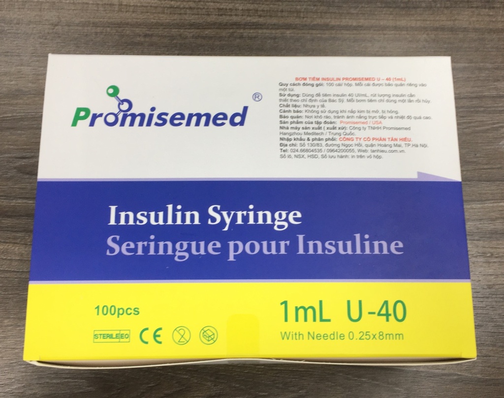 [T07555] Promisemed bơm tiêm insulin syringe 1ml U-40 (H/100c) (hộp vàng xanh)