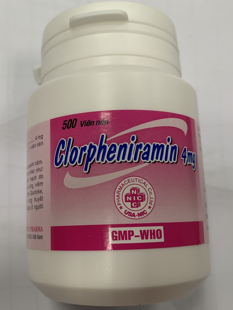 [T08128] Clorpheniramin 4mg viên nén Nic Pharma (Lọ/500v) nắp trắng đắt (lọ hồng)