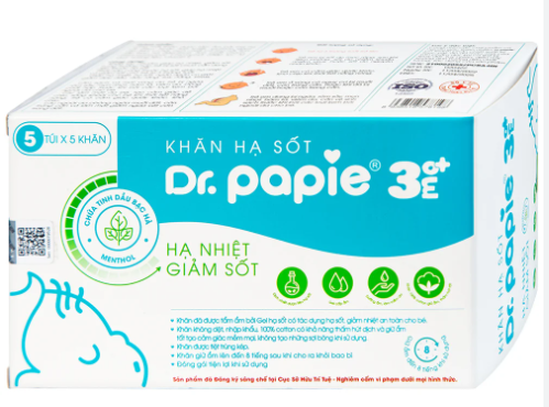 [T08800] Dr.Papie 3+ khăn hạ sốt chứa tinh dầu bạc hà (H/5túi/5khăn) xanh dương