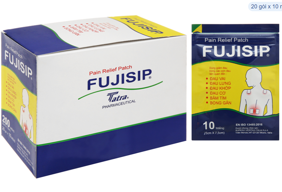 [T10819] Fujisip cao dán giảm đau Thiên ân 5cm x 7,5cm (H/20gói/10 miếng) màu vàng