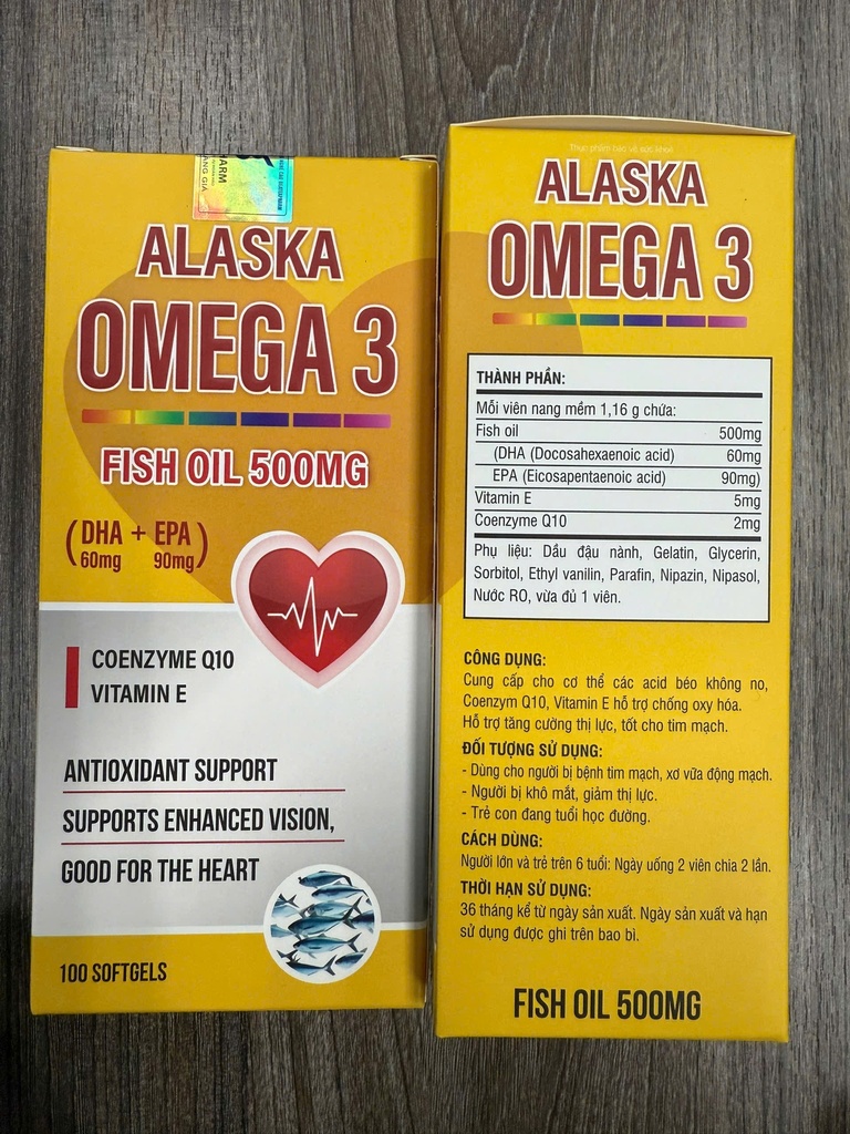 [T14684] Alaska Omega 3 Fish oil 500mg Akopha (Lọ/100v)( vàng)