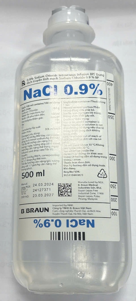 [T00139] Natri Clorid 0.9% Dịch Truyền Braun (C/500ml) (Nacl)
